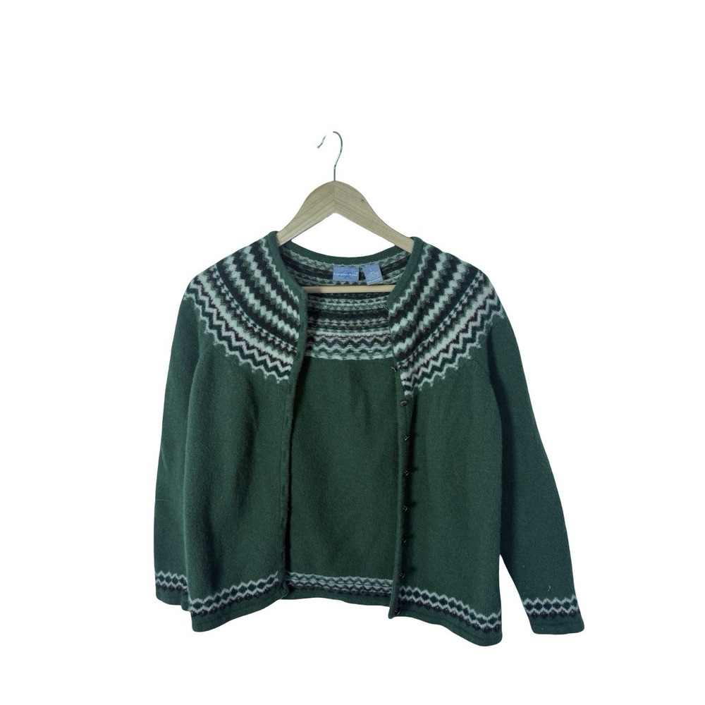 Vtg Carroll Reed Lambswool green cardigan size large runs small